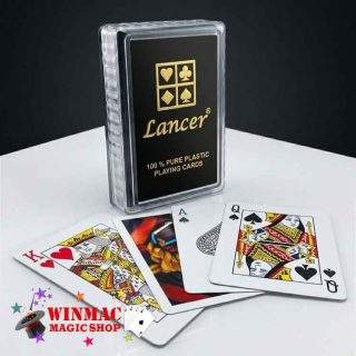Top view of Lancer plastic playing cards set with protective case